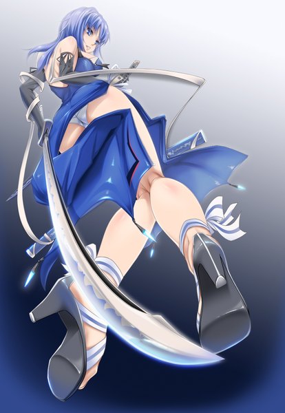 Anime picture 1326x1920 with original chakabo (artist) single long hair tall image blue eyes light erotic blue hair girl gloves underwear panties sword elbow gloves katana