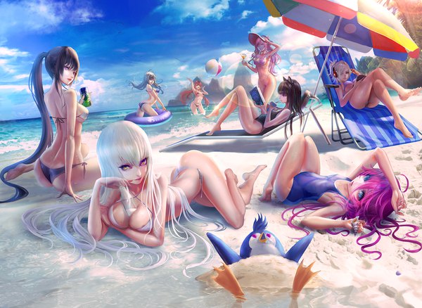 Anime picture 1600x1169 with fufu long hair looking at viewer fringe short hair breasts blue eyes light erotic black hair hair between eyes large breasts multiple girls holding animal ears yellow eyes pink hair sky silver hair cloud (clouds) ass