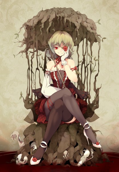 Anime picture 867x1244 with touhou kazami yuuka uruu gekka single tall image looking at viewer fringe short hair smile red eyes bare shoulders holding aqua hair crossed legs skull and crossbones girl thighhighs dress flower (flowers) ribbon (ribbons)