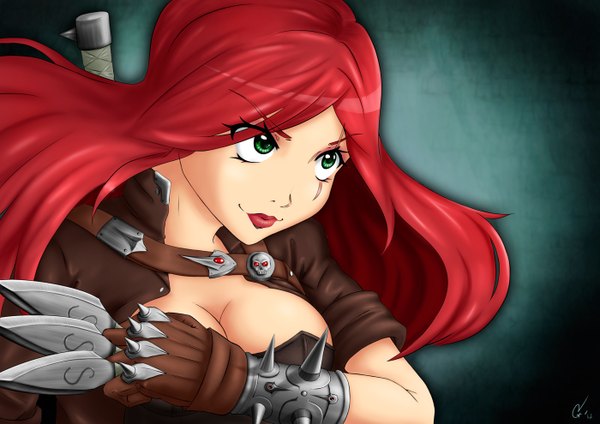 Anime picture 1400x990 with league of legends katarina (league of legends) alsklad single long hair breasts large breasts green eyes red hair scar girl gloves weapon bracelet dagger spikes