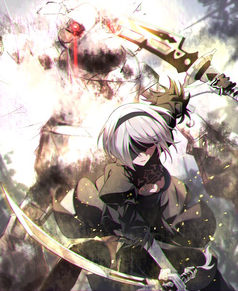 Anime picture 920x1124 with nier nier:automata yorha no. 2 type b pod (nier:automata) tsuedzu tall image short hair holding cleavage white hair blurry puffy sleeves glowing glowing eye (eyes) cleavage cutout anaglyph fighting stance dual wielding blindfold girl