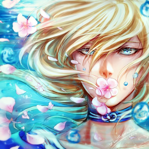Anime picture 1000x1000 with original zenithomocha single long hair looking at viewer fringe blue eyes blonde hair signed blurry eyebrows underwater flower in mouth girl flower (flowers) petals choker water bubble (bubbles) water drop
