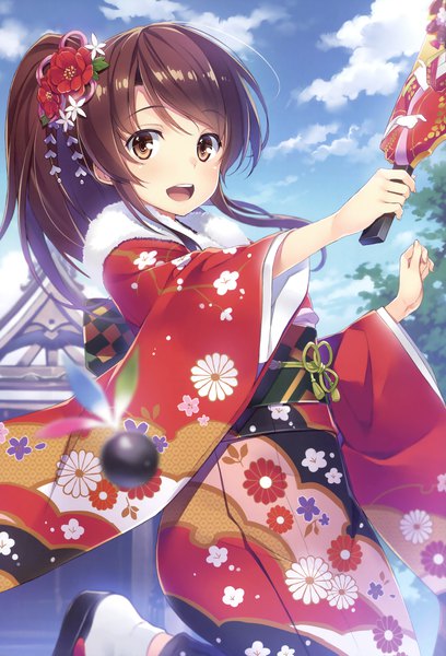 Anime picture 2381x3500 with original yuuki hagure long hair tall image blush highres open mouth brown hair brown eyes absurdres sky cloud (clouds) ponytail traditional clothes japanese clothes hair flower scan new year girl flower (flowers)