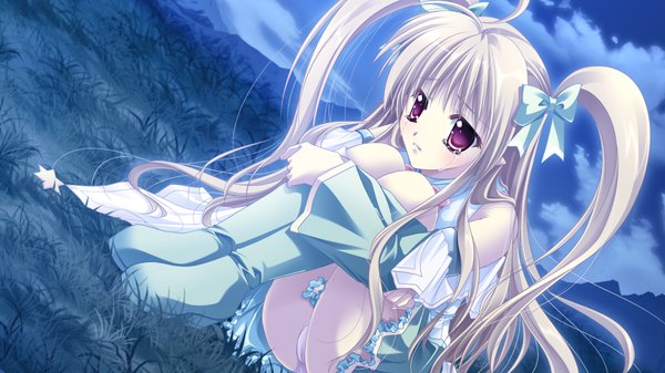 Anime picture 1024x576 with hanasaku otome to koi no grimoire single long hair light erotic blonde hair red eyes wide image sitting twintails game cg cloud (clouds) ahoge pantyshot tears pantyshot sitting girl dress bow boots