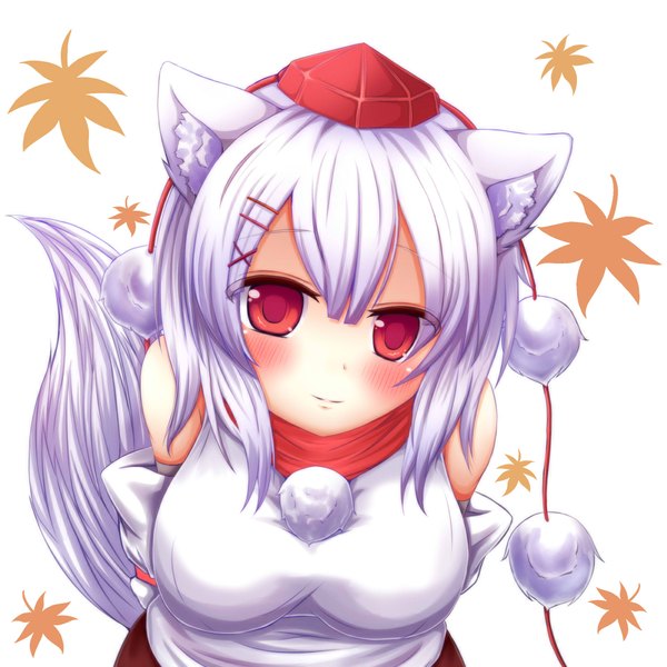 Anime picture 2000x2000 with touhou inubashiri momiji oohirakeisuke (artist) single looking at viewer blush highres short hair simple background red eyes white background animal ears white hair tail animal tail wolf ears wolf tail wolf girl girl detached sleeves
