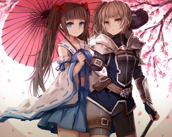 Anime picture 1249x1000 with original pixiv fantasia pixiv fantasia t zen33n long hair looking at viewer fringe blue eyes brown hair standing twintails multiple girls holding brown eyes traditional clothes japanese clothes pleated skirt wind cherry blossoms side ponytail