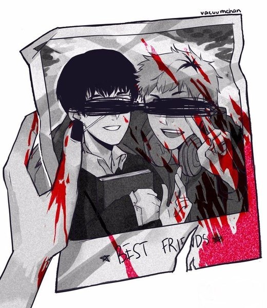 Anime picture 700x807 with tokyo ghoul studio pierrot kaneki ken sofiia drozdova (vacuumch) vacuumchan tall image fringe short hair open mouth simple background smile white background holding signed upper body long sleeves nail polish :d multiple boys hug