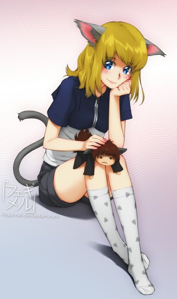 Anime picture 534x900 with original feguimel long hair tall image blush blue eyes simple background blonde hair smile sitting animal ears tail animal tail cat ears cat girl cat tail girl socks