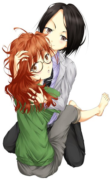 Anime picture 1255x2067 with solru (tyappygain) long hair tall image blush short hair black hair simple background white background multiple girls brown eyes barefoot orange hair girl 2 girls glasses