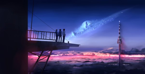 Anime picture 1200x616 with megatruh short hair black hair wide image signed sky cloud (clouds) from behind multiple boys evening sunset boy moon wire (wires) 3 boys tower