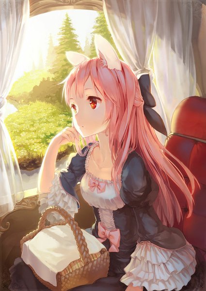 Anime picture 627x886 with original ritsuki single long hair tall image fringe open mouth red eyes sitting animal ears looking away pink hair head tilt sunlight arm support half updo revision head rest river underbust