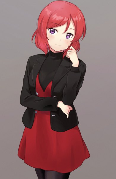 Anime picture 620x950 with love live! school idol project sunrise (studio) love live! nishikino maki shiba murashouji single tall image looking at viewer blush short hair simple background purple eyes red hair head tilt light smile grey background breast hold playing with hair girl dress