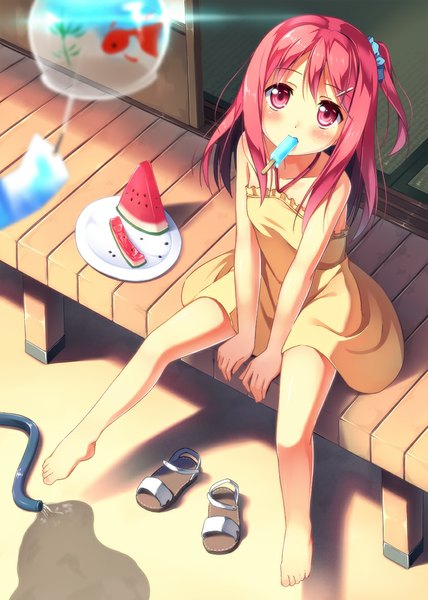 Anime picture 840x1176 with original kinta (distortion) single long hair tall image looking at viewer blush bare shoulders red hair pink eyes girl dress water food sweets sundress fish (fishes) ice cream berry (berries) watermelon