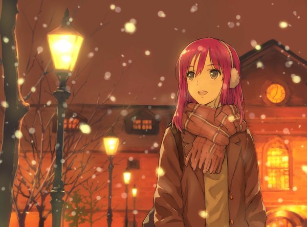Anime picture 1024x759 with original morisawa haruyuki single long hair smile brown eyes looking away pink hair sky night open clothes open jacket evening light happy snowing exhalation bare tree girl plant (plants)