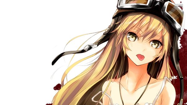 Anime picture 1920x1080 with bakemonogatari shaft (studio) monogatari (series) oshino shinobu miruto netsuki single long hair looking at viewer fringe highres blonde hair simple background wide image white background bare shoulders wallpaper :p cropped girl dress