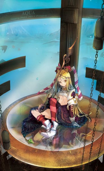 Anime picture 2346x3829 with original kate.w single long hair tall image looking at viewer fringe highres breasts blonde hair sitting holding yellow eyes horn (horns) light smile pointy ears reflection girl thighhighs dress