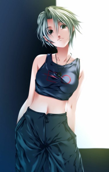 Anime picture 740x1164 with original rezi single tall image looking at viewer short hair bare shoulders green eyes green hair midriff hands in pockets girl navel pendant