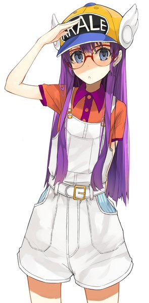 Anime picture 620x1259 with dr. slump toei animation norimaki arale miruto netsuki single long hair tall image looking at viewer blush blue eyes simple background white background purple hair arm behind back salute girl shirt glasses shorts flat cap