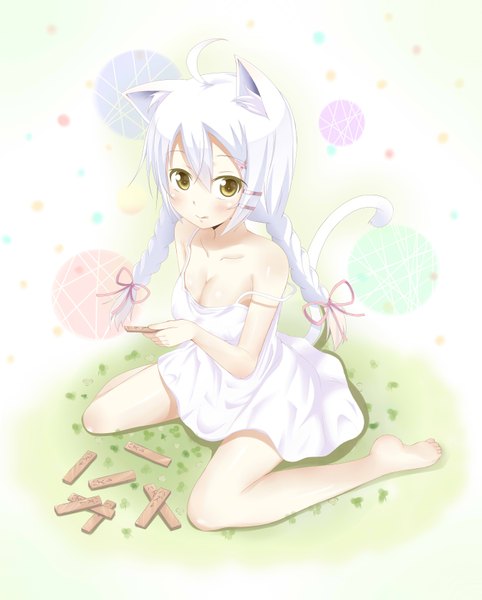 Anime picture 2702x3362 with original tazaki hayato single long hair tall image looking at viewer highres animal ears ahoge white hair tail braid (braids) animal tail cat ears cat girl cat tail girl dress sundress