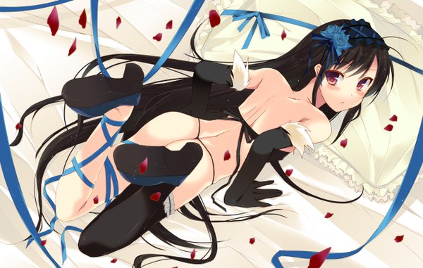 Anime picture 1300x826 with accel world sunrise (studio) kuroyukihime ise long hair blush light erotic black hair red eyes bare shoulders ass lying looking back on stomach girl thighhighs gloves ribbon (ribbons) black thighhighs petals