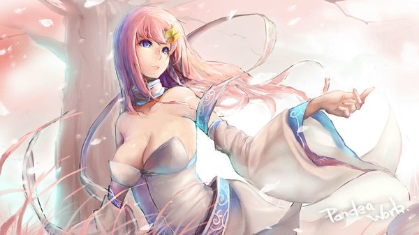 Anime picture 1024x576 with mobile suit gundam gundam seed sunrise (studio) lacus clyne pandea work single long hair breasts blue eyes light erotic wide image large breasts bare shoulders looking away pink hair cleavage long sleeves wind wide sleeves cherry blossoms