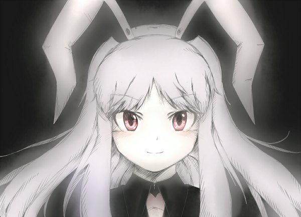 Anime picture 1000x722 with touhou reisen udongein inaba imakujira single long hair looking at viewer simple background smile red eyes animal ears grey hair bunny ears glow girl collar