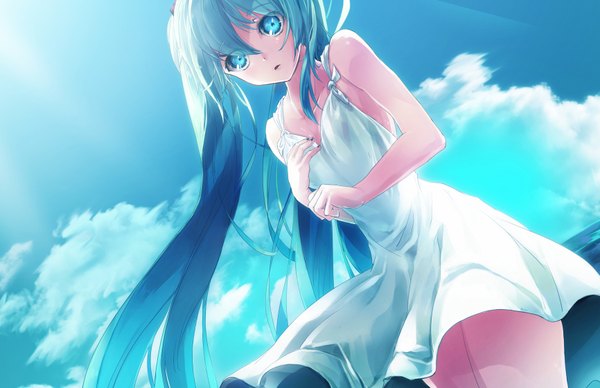 Anime picture 1732x1122 with vocaloid hatsune miku enka (aknne) single long hair looking at viewer highres open mouth blue eyes sky cleavage cloud (clouds) nail polish parted lips aqua hair no bra horizon girl dress water