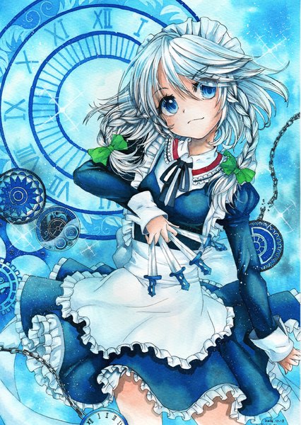 Anime picture 710x1000 with touhou izayoi sakuya mosho single long hair tall image looking at viewer fringe blue eyes smile standing white hair braid (braids) long sleeves twin braids blue background traditional media watercolor (medium) girl bow