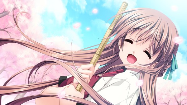 Anime picture 1280x720 with koisuru otome to shugo no tate minase nozomi single long hair open mouth brown hair wide image game cg eyes closed cherry blossoms girl uniform plant (plants) school uniform petals tree (trees)