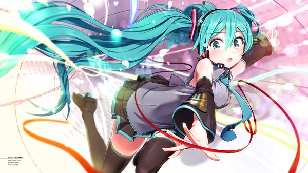 Anime picture 2133x1200 with vocaloid hatsune miku pemu single looking at viewer blush highres open mouth wide image twintails very long hair aqua eyes aqua hair girl thighhighs hair ornament black thighhighs detached sleeves necktie headphones