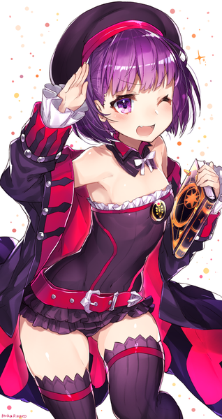 Anime picture 637x1200 with fate (series) fate/grand order helena blavatsky (fate) mika pikazo single tall image blush fringe short hair open mouth light erotic simple background white background purple eyes bare shoulders holding signed looking away purple hair blunt bangs