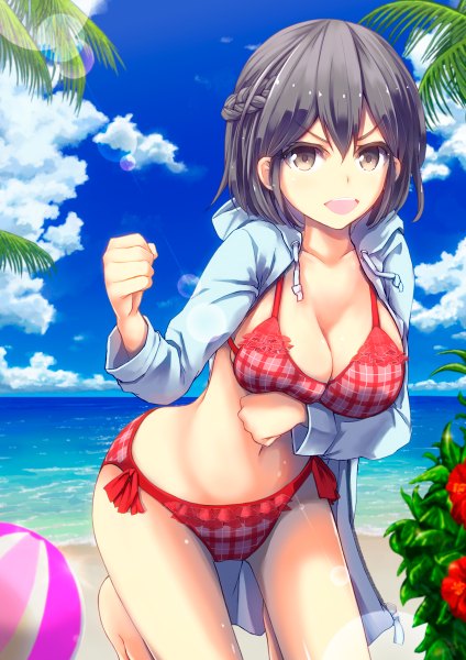 Anime picture 848x1200 with original konkito single tall image looking at viewer short hair breasts open mouth light erotic black hair brown eyes sky cloud (clouds) beach girl swimsuit bikini sea ball beachball