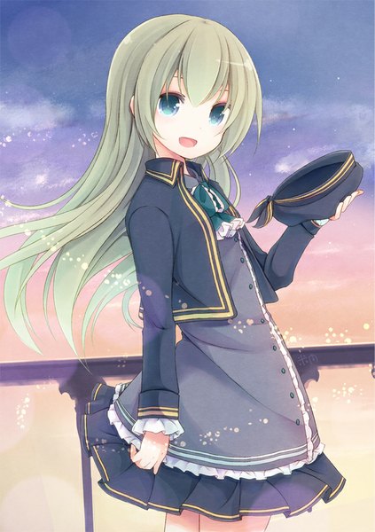 Anime picture 646x916 with original yonema single long hair tall image looking at viewer fringe open mouth blue eyes smile standing sky cloud (clouds) pleated skirt green hair wind hat removed girl skirt uniform
