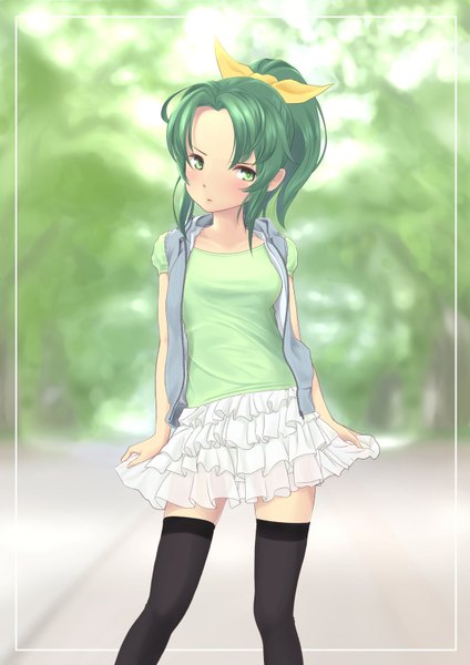 Anime picture 1158x1637 with precure smile precure! toei animation midorikawa nao wa (genryusui) single tall image short hair green eyes green hair girl thighhighs skirt black thighhighs miniskirt vest