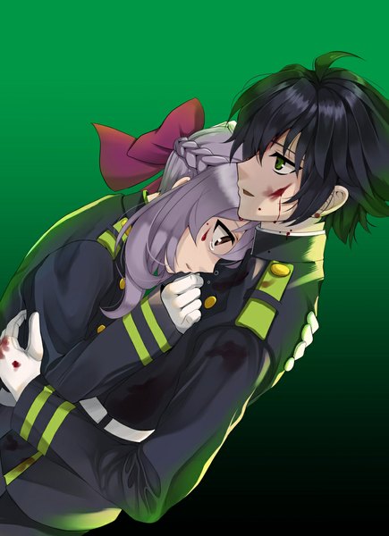 Anime picture 833x1149 with owari no seraph wit studio hiiragi shinoa hyakuya yuuichirou kero sweet long hair tall image fringe short hair open mouth black hair simple background hair between eyes standing brown eyes green eyes purple hair ahoge braid (braids) profile