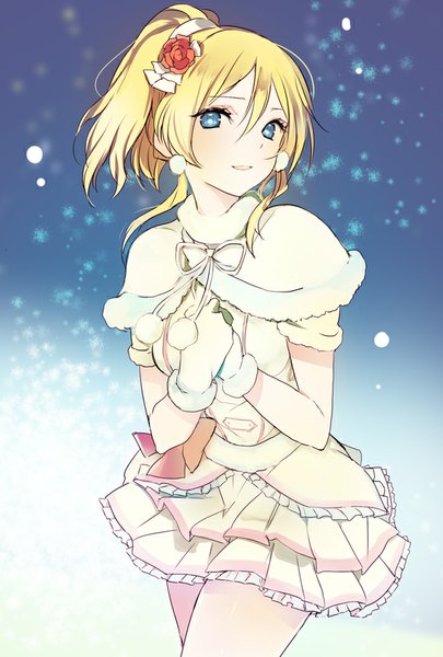 Anime picture 600x888 with love live! school idol project sunrise (studio) love live! ayase eli lpip single tall image looking at viewer blush fringe short hair blue eyes blonde hair hair between eyes ponytail parted lips portrait snowing hands clasped girl
