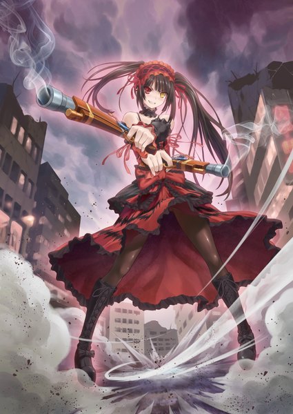 Anime picture 1200x1694 with date a live tokisaki kurumi denhijou niki single long hair tall image looking at viewer blush black hair smile standing twintails bare shoulders heterochromia glowing smoke crossed arms lolita fashion uneven twintails girl