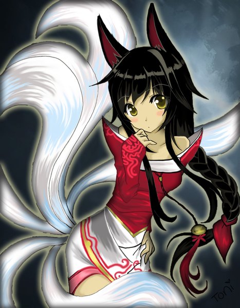 Anime picture 1700x2183 with league of legends ahri (league of legends) luciaitaliana single long hair tall image looking at viewer blush black hair animal ears yellow eyes multiple tails bad proportions girl detached sleeves