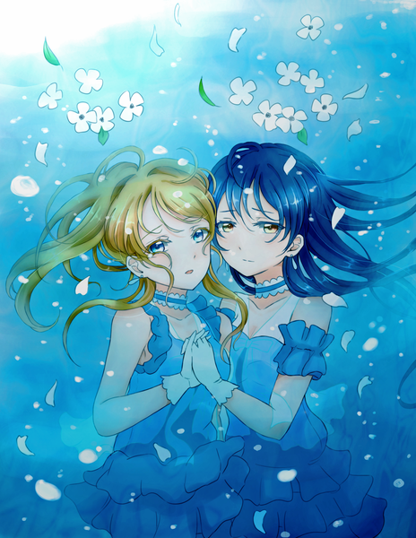 Anime picture 1892x2444 with love live! school idol project sunrise (studio) love live! ayase eli sonoda umi lilylion26 long hair tall image blush highres open mouth blue eyes blonde hair multiple girls yellow eyes blue hair ponytail sunlight holding hands underwater