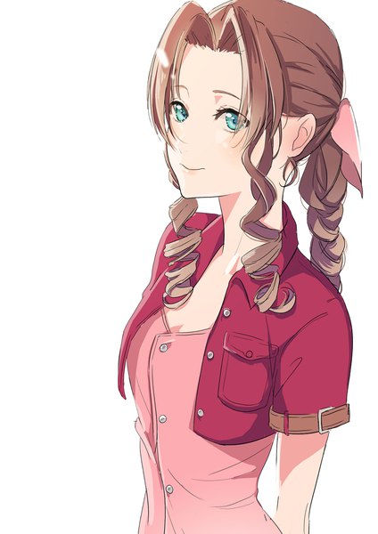 Anime picture 1653x2339 with final fantasy final fantasy vii square enix aerith gainsborough suono single long hair tall image looking at viewer simple background smile brown hair white background payot upper body ponytail aqua eyes drill hair girl ribbon (ribbons)