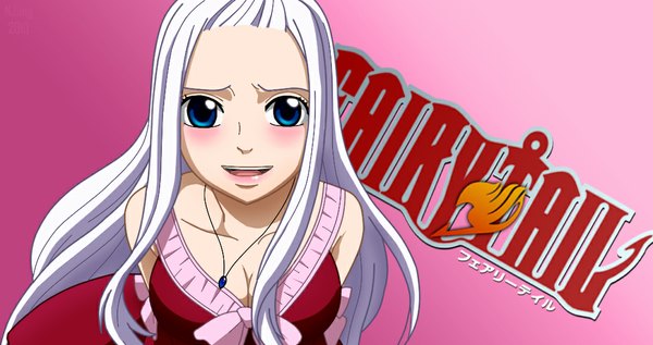Anime picture 1084x574 with fairy tail mirajane strauss natilokijung single long hair blush open mouth blue eyes simple background smile wide image cleavage white hair inscription copyright name coloring pink background girl dress pendant