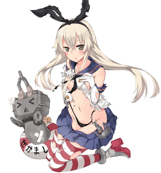 Anime picture 1100x1180 with kantai collection shimakaze destroyer rensouhou-chan plus9 (artist) single long hair tall image blush light erotic blonde hair brown eyes kneeling torn clothes > < girl thighhighs skirt gloves uniform school uniform