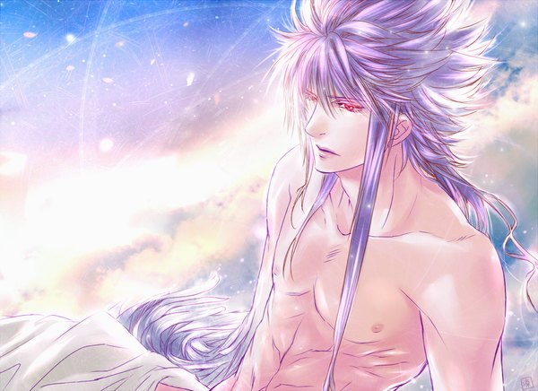 Anime picture 1200x872 with original rin-shiba single long hair light erotic red eyes sky purple hair cloud (clouds) topless muscle boy