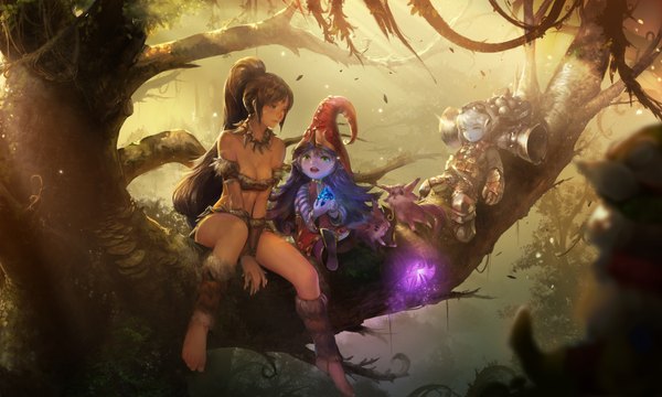 Anime picture 1920x1152 with league of legends lulu (league of legends) nidalee (league of legends) tristana (league of legends) instant-ip long hair highres short hair breasts open mouth blonde hair smile brown hair wide image sitting multiple girls green eyes signed purple hair white hair