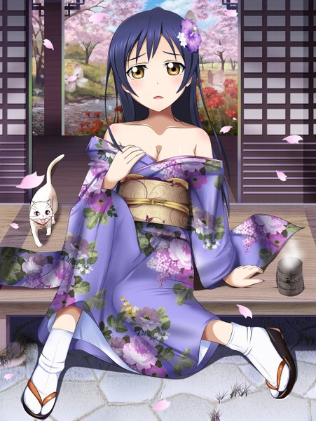 Anime picture 1000x1331 with love live! school idol project sunrise (studio) love live! sonoda umi edogawakid single long hair tall image looking at viewer light erotic brown eyes blue hair traditional clothes japanese clothes hair flower girl hair ornament flower (flowers) animal petals