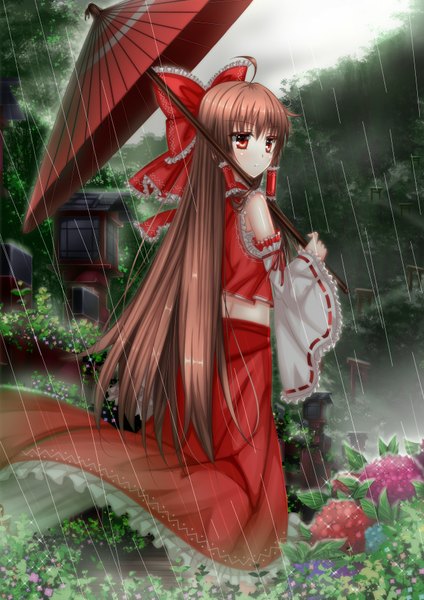Anime picture 1240x1754 with touhou hakurei reimu swordsouls single long hair tall image red eyes brown hair looking away ahoge outdoors rain miko girl skirt flower (flowers) bow plant (plants) hair bow detached sleeves