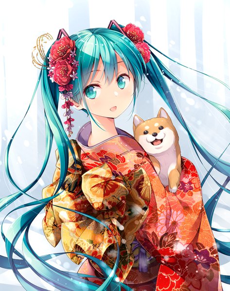 Anime picture 945x1200 with vocaloid hatsune miku matsuuni single tall image looking at viewer blush fringe open mouth hair between eyes twintails holding payot very long hair traditional clothes japanese clothes looking back aqua eyes aqua hair wide sleeves