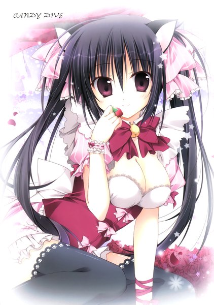 Anime picture 2322x3300 with korie riko long hair tall image looking at viewer highres black hair twintails purple eyes animal ears cat ears scan cat girl girl thighhighs dress bow black thighhighs hair bow petals food