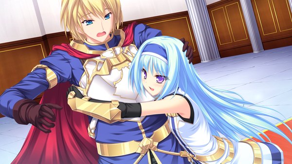 Anime picture 1920x1080 with ryuuyoku no melodia selphie lainlut tenmaso long hair highres short hair open mouth blue eyes blonde hair wide image purple eyes blue hair game cg couple hug girl dress boy hairband armor