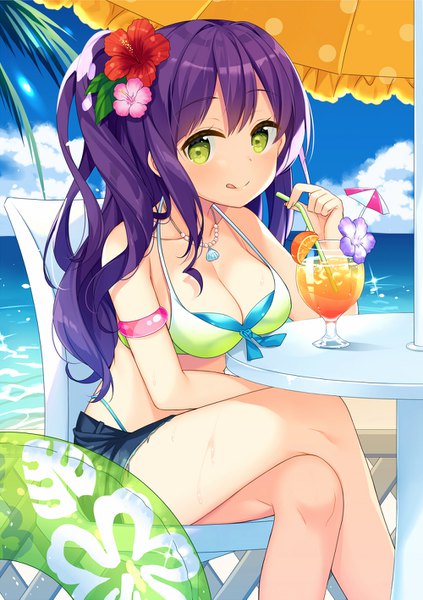 Anime picture 1000x1417 with original bekotarou single long hair tall image looking at viewer fringe breasts light erotic large breasts sitting green eyes sky cleavage purple hair cloud (clouds) hair flower one side up crossed legs wavy hair